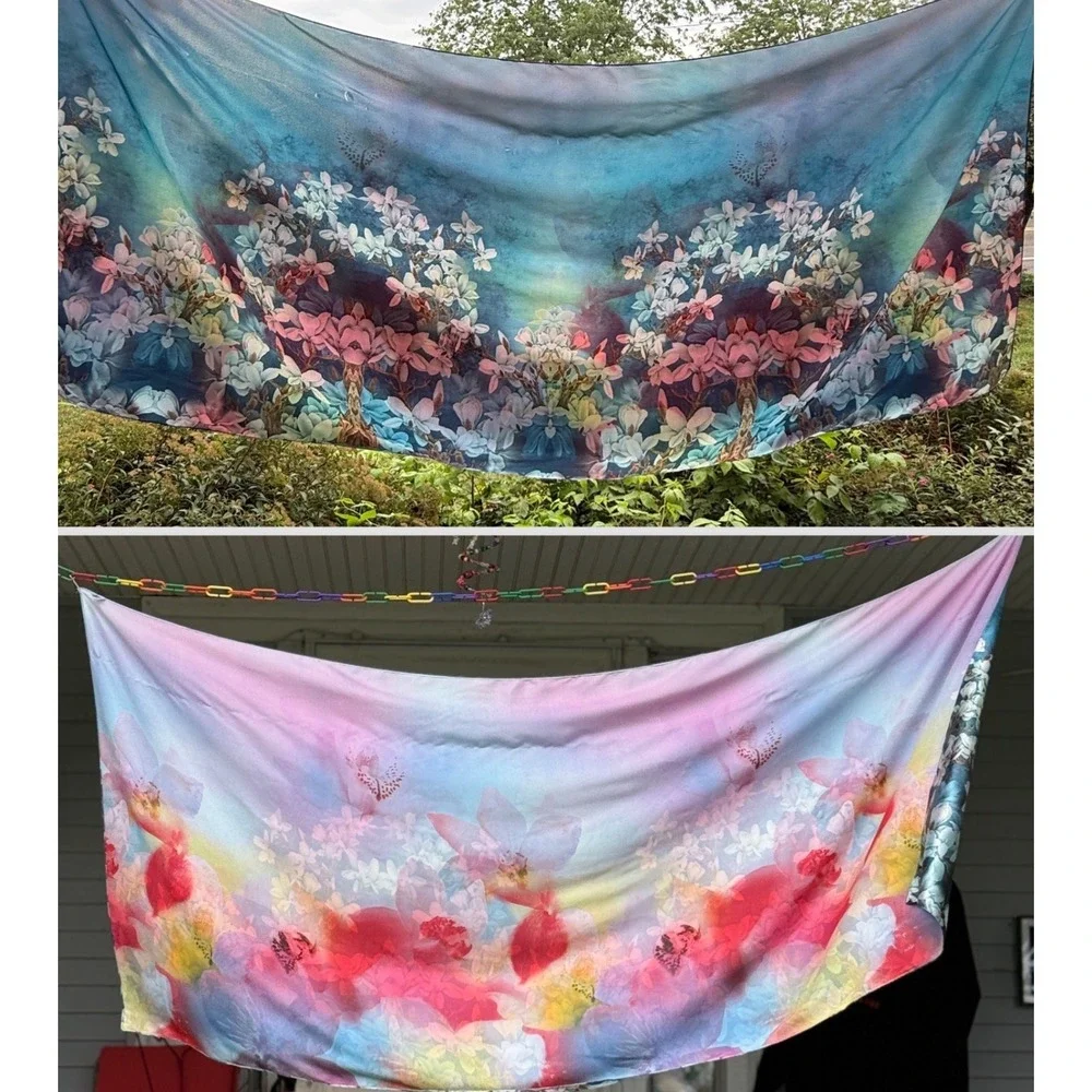 100% Silk Oversized Floral Scarf Wrap 62x28 Reversible Vibrant Botanical